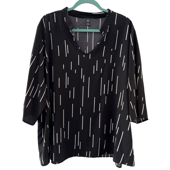 Women’s Plus Size Black Geometric Striped Roll Tab Sleeve Popover Blouse Top - Picture 3 of 10